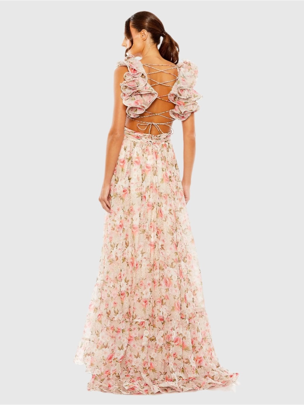 MAC DUGGAL Pink Ruffle Tiered Cut-Out Chiffon Floral Gown - Picture 2 of 16